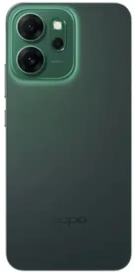 ظهر هاتف Oppo Reno 14 F باللون الاخضر يبرز لغة التصميم الهندسي وتوزيع عدسات الكاميرا الخلفية.