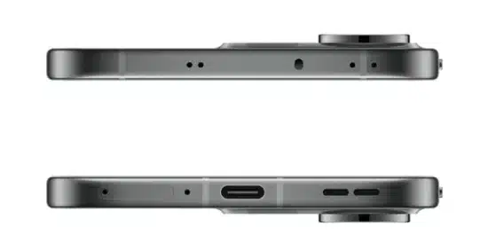 الإطار العلوي والسفلي لهاتف أوبو رينو 14 برو (Oppo Reno 14 Pro 5G) باللون الأسود، يوضح توزيع منافذ الشحن، السماعات، ومقدار بروز الكاميرا الخلفية.