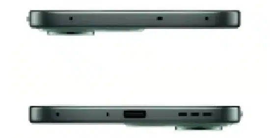 الإطار العلوي والسفلي لهاتف Oppo Reno 14 F باللون الأخضر، يوضح توزيع منافذ الشحن، السماعات، ومقدار بروز الكاميرا الخلفية.