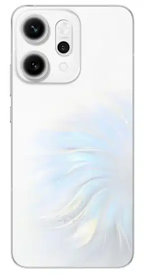 ظهر هاتف أوبو رينو 14برو (Oppo Reno 14 Pro) باللون الأبيض يبرز لغة التصميم الهندسي وتوزيع عدسات الكاميرا الخلفية.