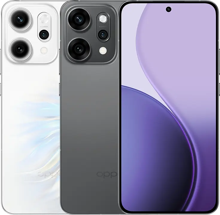 التباين البصري بين خيارات الألوان في هاتف أوبو رينو 14 برو (Oppo Reno 14 Pro)، يستعرض النسخة البيضاء المتموجة واللون الاسود مع تصميم الشاشة الأمامية.