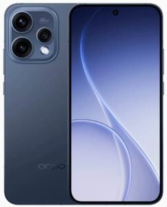 التصميم الكامل لهاتف oppo reno 15 5g​ (أوبو رينو 15) باللون الازرق الغامق من الأمام والخلف يستعرض لغة التصميم العامة وتوزيع الكاميرات.