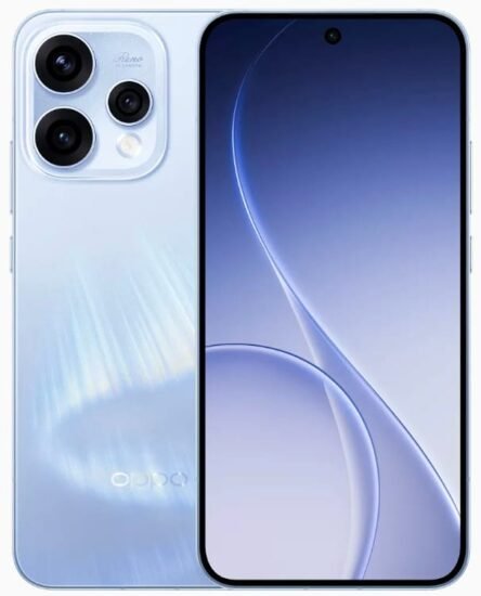 التصميم الكامل لهاتف أوبو رينو 15 (Oppo Reno 15) باللون الازرق الفاتح من الأمام والخلف يستعرض لغة التصميم العامة وتوزيع الكاميرات.