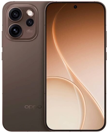 التصميم الكامل لهاتف أوبو رينو 15 برو (Oppo Reno 15 Pro) باللون البني من الأمام والخلف يستعرض لغة التصميم العامة وتوزيع الكاميرات.