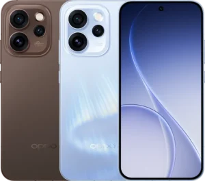 التباين اللوني بين إصدارات هاتف أوبو رينو 15 برو (Oppo Reno 15 Pro)، يستعرض الهوية الجمالية للنسخة البنية الكلاسيكية والزرقاء المتموجة بجانب تفاصيل الشاشة الأمامية.