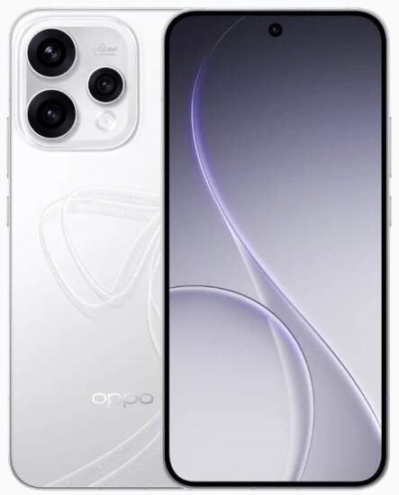 التصميم الكامل لهاتف أوبو رينو 15 (Oppo Reno 15) باللون الابيض من الأمام والخلف يستعرض لغة التصميم العامة وتوزيع الكاميرات.