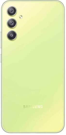 ظهر هاتف samsung a34 باللون الاخضر يبرز لغة التصميم الهندسي وتوزيع عدسات الكاميرا الخلفية.