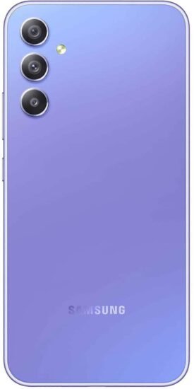 ظهر هاتف samsung a34 باللون البنفسجي الملون يبرز لغة التصميم الهندسي وتوزيع عدسات الكاميرا الخلفية.