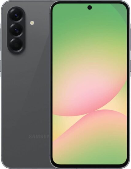 التصميم الكامل لهاتف samsung a56 باللون الاسود من الأمام والخلف يستعرض لغة التصميم العامة وتوزيع الكاميرات.