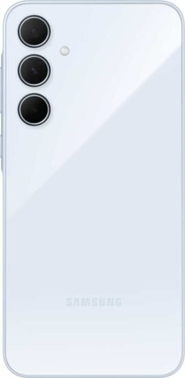 ظهر هاتف samsung a35 باللون الازرق الثلجي يبرز لغة التصميم الهندسي وتوزيع عدسات الكاميرا الخلفية.