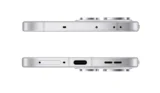 الإطار العلوي والسفلي لهاتف Oppo Reno 15 باللون الأبيض، يوضح توزيع منافذ الشحن، السماعات، ومقدار بروز الكاميرا الخلفية.