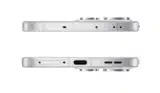 الإطار العلوي والسفلي لهاتف Oppo Reno 15 باللون الأبيض، يوضح توزيع منافذ الشحن، السماعات، ومقدار بروز الكاميرا الخلفية.