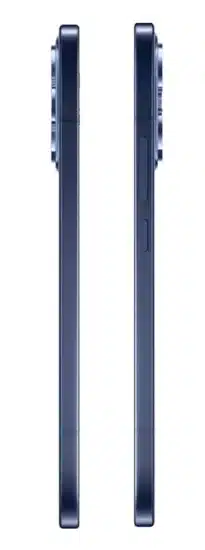 الحواف الجانبية اليمنى واليسرى لهاتف أوبو رينو 15 (Oppo Reno 15 5G) باللون الازرق الغامق، تبرز مدى نحافة الهيكل ومواقع أزرار التحكم في الصوت والطاقة.