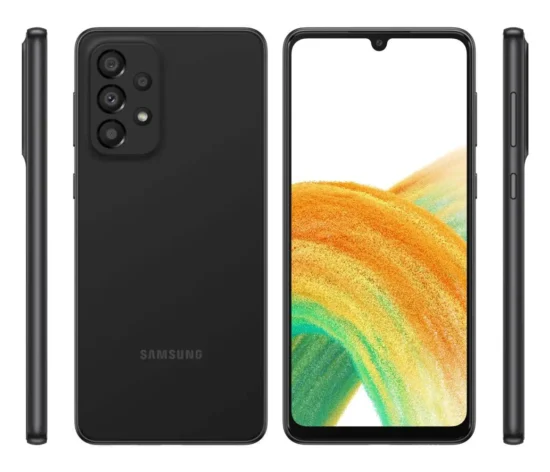 استعراض شامل لجميع زوايا هاتف samsung a33 باللون الأسود، يوضح الشاشة ذات النتوء، والظهر المطفأ، وتوزيع الأزرار الجانبية.