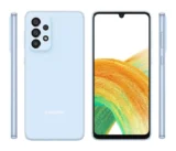 استعراض شامل لجميع زوايا هاتف samsung a33 باللون الأزرق، يوضح الشاشة ذات النتوء، والظهر المطفأ، وتوزيع الأزرار الجانبية.