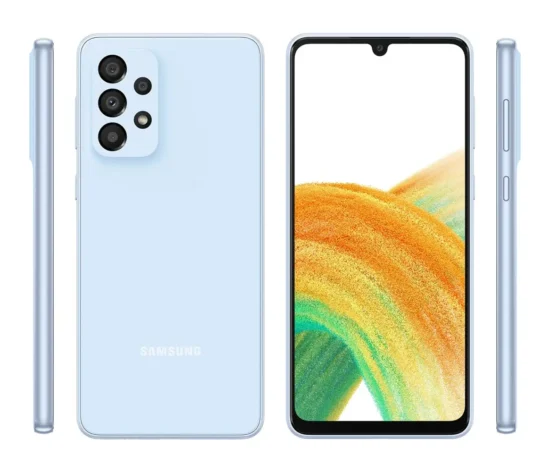 استعراض شامل لجميع زوايا هاتف samsung a33 باللون الأزرق، يوضح الشاشة ذات النتوء، والظهر المطفأ، وتوزيع الأزرار الجانبية.