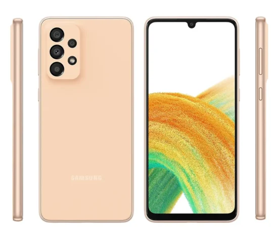 استعراض شامل لجميع زوايا هاتف samsung a33 باللون pink، يوضح الشاشة ذات النتوء، والظهر المطفأ، وتوزيع الأزرار الجانبية.