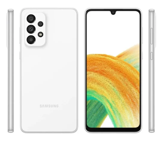 استعراض شامل لجميع زوايا هاتف samsung a33 باللون الأبيض، يوضح الشاشة ذات النتوء، والظهر المطفأ، وتوزيع الأزرار الجانبية.