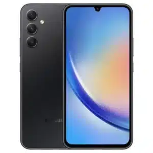 التصميم الكامل لهاتف سامسونج a34 (samsung a34 5G) باللون الجرافيتي من الأمام والخلف يستعرض لغة التصميم العامة وتوزيع الكاميرات.
