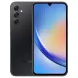 التصميم الكامل لهاتف سامسونج a34 (samsung a34 5G) باللون الأسود من الأمام والخلف يستعرض لغة التصميم العامة وتوزيع الكاميرات.