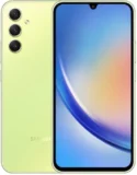 التصميم الكامل لهاتف سامسونج a34 (samsung a34 5G) باللون الأخضر من الأمام والخلف يستعرض لغة التصميم العامة وتوزيع الكاميرات.