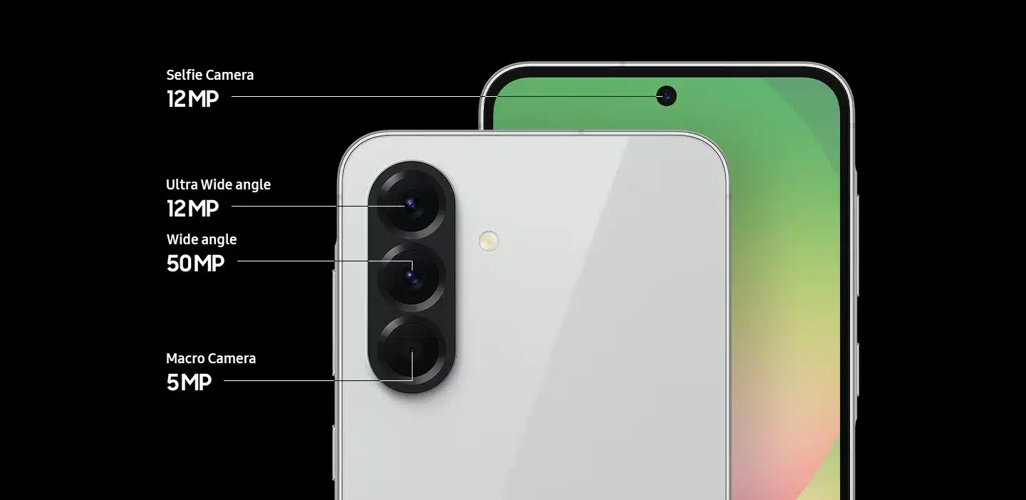 تفاصيل منظومة التصوير في هاتف Samsung A56، توضح دقة الكاميرا الرئيسية والواسعة والماكرو بالإضافة إلى الكاميرا الأمامية.