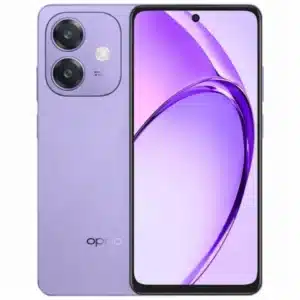 الواجهة الأمامية والخلفية لهاتف oppo a3 باللون البنفسجي توضح تصميم الشاشة المسطحة وشكل وحدة الكاميرات.