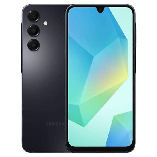 التصميم الكامل لهاتف Samsung Galaxy A16 باللون اسود من الامام والخلف، يستعرض لغة التصميم وتوزيع الكاميرات.