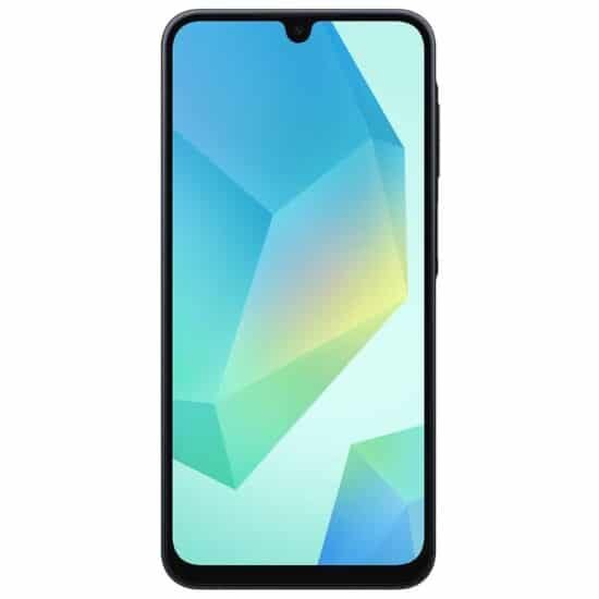 الواجهة الامامية لهاتف Samsung Galaxy A16 باللون اسود، تظهر الشاشة والاطار المحيط بها.