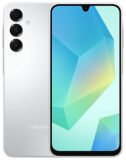 التصميم الكامل لهاتف Samsung Galaxy A16 باللون رمادي فاتح من الامام والخلف، يستعرض لغة التصميم وتوزيع الكاميرات.