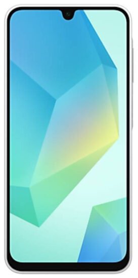 الواجهة الامامية لهاتف Samsung Galaxy A16 باللون رمادي فاتح، تظهر الشاشة والاطار المحيط بها.