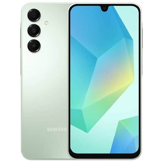 التصميم الكامل لهاتف Samsung Galaxy A16 باللون اخضر فاتح من الامام والخلف، يستعرض لغة التصميم وتوزيع الكاميرات.