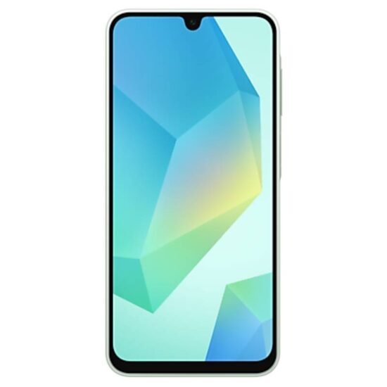 الواجهة الامامية لهاتف Samsung Galaxy A16 باللون اخضر فاتح، تظهر الشاشة والاطار المحيط بها.