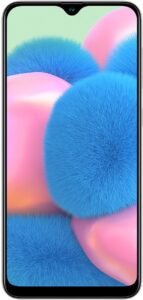 الواجهة الامامية لهاتف samsung galaxy a30s​ باللون اسود، تظهر الشاشة والاطار المحيط بها.