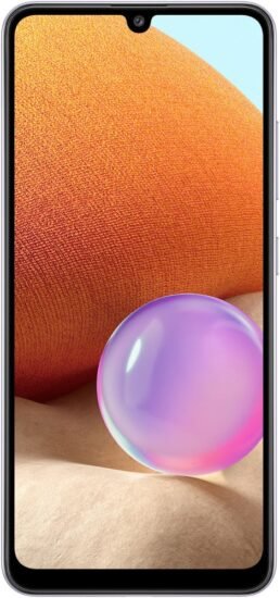 الواجهة الامامية لهاتف Samsung A32 باللون بنفسجي، تظهر الشاشة والاطار المحيط بها.