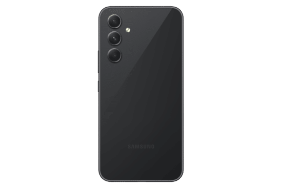 ظهر هاتف Samsung Galaxy A54 5G باللون اسود يبرز لغة التصميم الهندسي وتوزيع عدسات الكاميرا الخلفية.