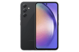 التصميم الكامل لهاتف samsung a54 باللون اسود من الامام والخلف، يستعرض لغة التصميم وتوزيع الكاميرات.