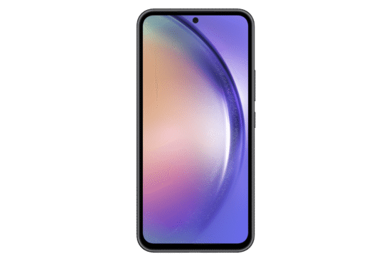 الواجهة الامامية لهاتف Samsung Galaxy A54 5G باللون اسود، تظهر الشاشة والاطار المحيط بها.