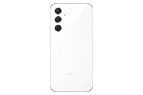 ظهر هاتف Samsung Galaxy A54 5G باللون ابيض يبرز لغة التصميم الهندسي وتوزيع عدسات الكاميرا الخلفية.