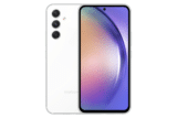 التصميم الكامل لهاتف samsung a54 باللون ابيض من الامام والخلف، يستعرض لغة التصميم وتوزيع الكاميرات.