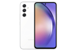 التصميم الكامل لهاتف samsung a54 باللون ابيض من الامام والخلف، يستعرض لغة التصميم وتوزيع الكاميرات.