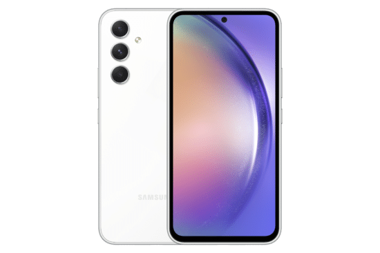 التصميم الكامل لهاتف samsung a54 باللون ابيض من الامام والخلف، يستعرض لغة التصميم وتوزيع الكاميرات.