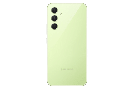 ظهر هاتف Samsung Galaxy A54 5G باللون اخضر فاتح يبرز لغة التصميم الهندسي وتوزيع عدسات الكاميرا الخلفية.