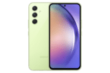 التصميم الكامل لهاتف samsung a54 باللون اخضر فاتح من الامام والخلف، يستعرض لغة التصميم وتوزيع الكاميرات.