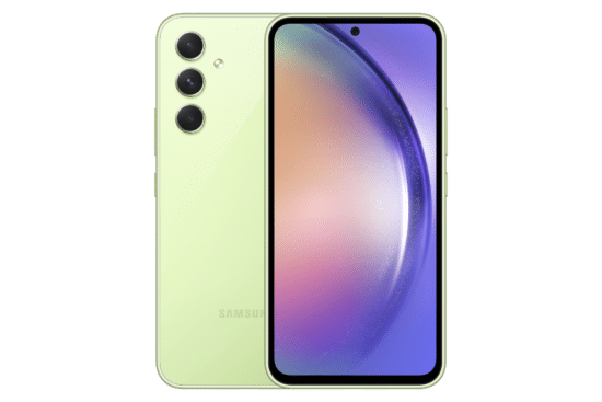 التصميم الكامل لهاتف samsung a54 باللون اخضر فاتح من الامام والخلف، يستعرض لغة التصميم وتوزيع الكاميرات.