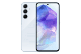 التصميم الكامل لهاتف Samsung Galaxy A55 5G باللون ازرق ثلجي من الامام والخلف، يستعرض لغة التصميم وتوزيع الكاميرات.