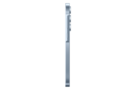الحافة اليمنى لهاتف Samsung Galaxy A55 5G باللون ازرق ثلجي، تبرز مدى نحافة الهيكل ومواقع زر التشغيل وزري الصوت.