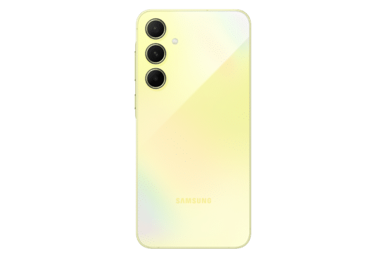 ظهر هاتف Samsung Galaxy A55 5G باللون اصفر ليموني يبرز لغة التصميم الهندسي وتوزيع عدسات الكاميرا الخلفية.