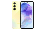 التصميم الكامل لهاتف Samsung Galaxy A55 5G باللون اصفر ليموني من الامام والخلف، يستعرض لغة التصميم وتوزيع الكاميرات.
