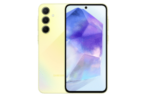 التصميم الكامل لهاتف Samsung Galaxy A55 5G باللون اصفر ليموني من الامام والخلف، يستعرض لغة التصميم وتوزيع الكاميرات.